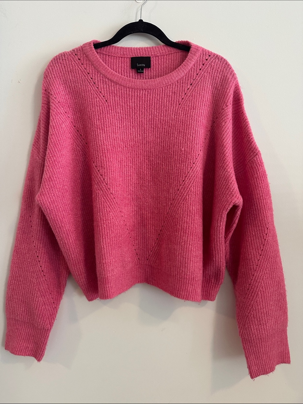 Lumiere Hot Pink Ribbed Crewneck Oversized Drop Shoulder Sweater